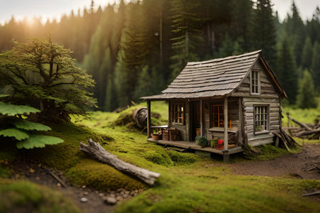 Old weathered wooden house in the forest on a green mossy background. miniature cabin model , tilt-shift effectの素材