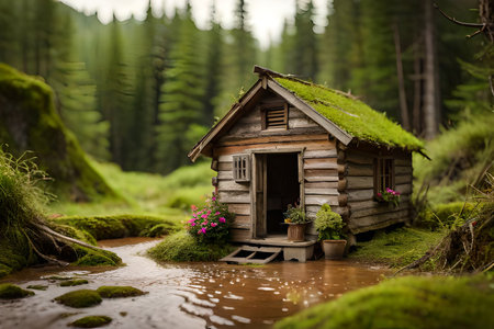 Old weathered wooden house in the forest on a green mossy background. miniature cabin model , tilt-shift effectの素材