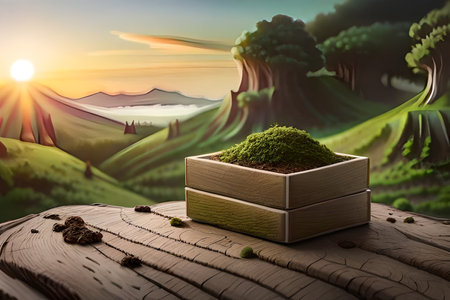 3d rendering of green moss in wooden box on wooden table with nature backgroundの素材