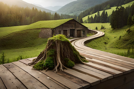 Wooden bridge in the mountains with old farm house and green treesの素材