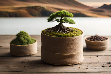 Bonsai tree in a pot on a wooden table with lake backgroundの素材