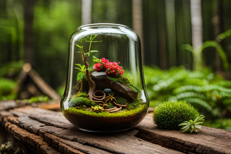 Miniature tree in glass ball on nature background. Environment concept. vegetation in jar, terrariumの素材