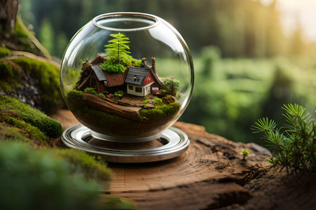 Miniature tree in glass ball on nature background. Environment concept. vegetation in jar, terrariumの素材