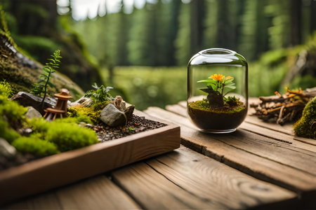 Miniature tree in glass ball on nature background. Environment concept. vegetation in jar, terrariumの素材
