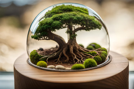 Miniature tree in glass ball on nature background. Environment concept. vegetation in jar, terrariumの素材