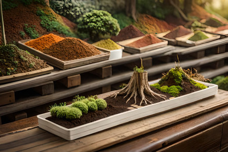 Bonsai tree in a pot on wooden table, stock photoの素材