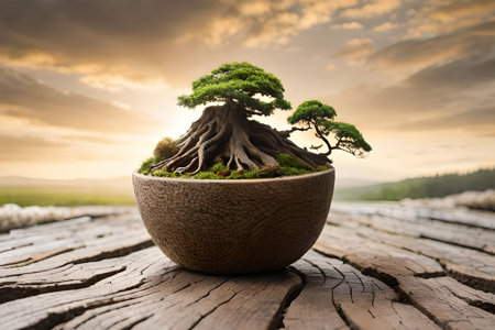 Bonsai tree in a pot on wooden floor with sunset backgroundの素材