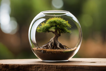 Miniature tree in glass ball on nature background. Environment concept. vegetation in jar, terrariumの素材