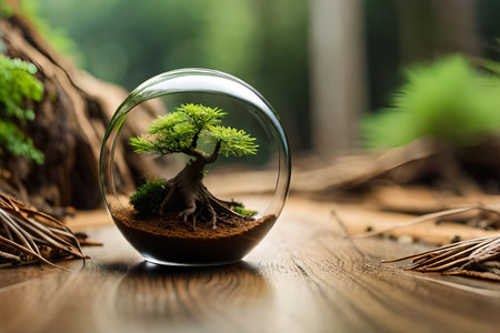 Miniature tree in glass ball on nature background. Environment concept. vegetation in jar, terrariumの素材