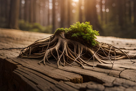 Tree roots growing on old wooden floor in the forest. Nature backgroundの素材