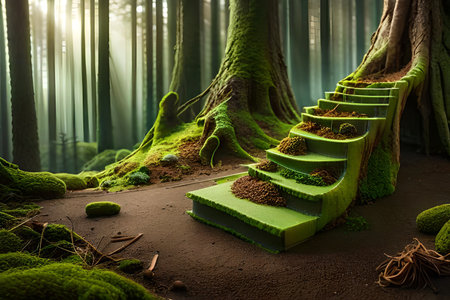 Conceptual image of green stairs in the forest. 3d renderingの素材