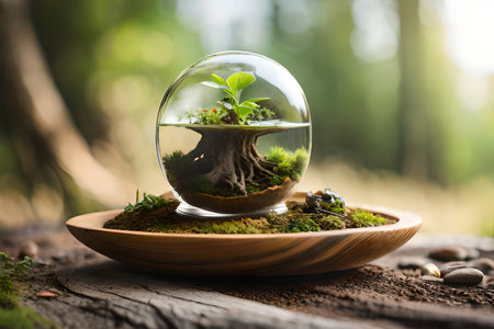Miniature tree in glass ball on nature background. Environment concept. vegetation in jar, terrariumの素材