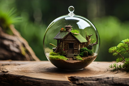 Miniature tree in glass ball on nature background. Environment concept. vegetation in jar, terrariumの素材