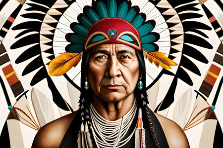 Portrait of an old soulful native American man wearing a headdress and feather costume with colorful native art pattern. native american prideの素材
