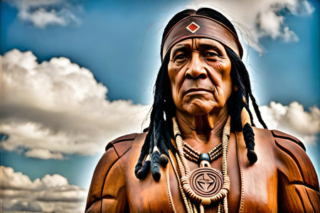 Portrait of an old soulful native American man wearing a headdress and feather costume with colorful native art pattern. native american prideの素材