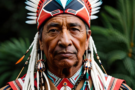Portrait of an old soulful native American man wearing a headdress and feather costume with colorful native art pattern. native american prideの素材