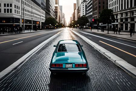 futristic sport Car on the wet road at night with city lights in the background. tiltshift blur effectの素材