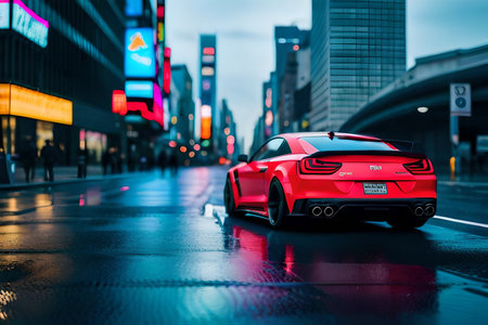futristic sport Car on the wet road at night with city lights in the background. tiltshift blur effectの素材