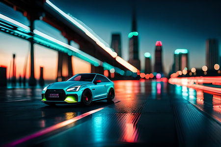 futristic sport Car on the wet road at night with city lights in the background. tiltshift blur effectの素材