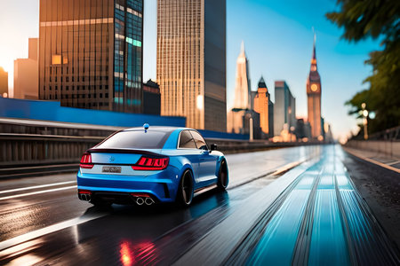 futristic sport Car on the wet road at night with city lights in the background. tiltshift blur effectの素材