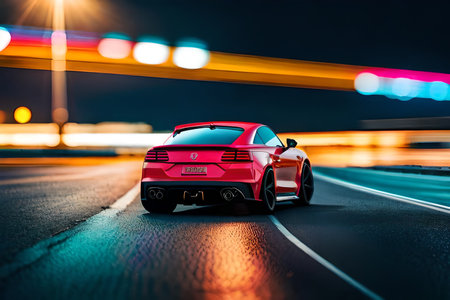 futristic sport Car on the wet road at night with city lights in the background. tiltshift blur effectの素材