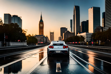 futristic sport Car on the wet road at night with city lights in the background. tiltshift blur effectの素材