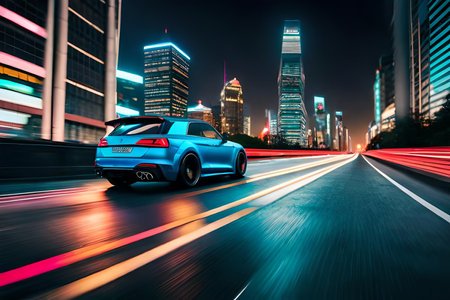 futristic sport Car on the wet road at night with city lights in the background. tiltshift blur effectの素材