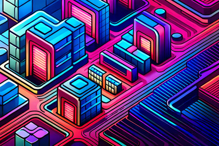 abstract Retro futuristic city background. 3d isometric digital illustration.の素材