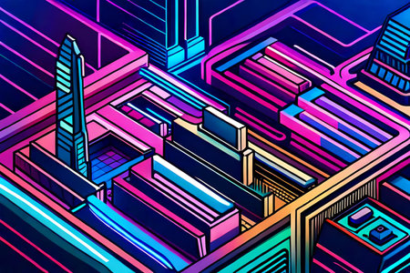 abstract Retro futuristic city background. 3d isometric digital illustration.の素材
