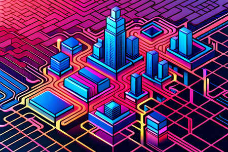 abstract Retro futuristic city background. 3d isometric digital illustration.の素材