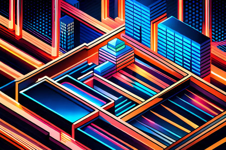 abstract Retro futuristic city background. 3d isometric digital illustration.の素材