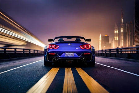sport car on the road with motion blur background. high speed driving at night. long exposure light trails. urban speed racingの素材