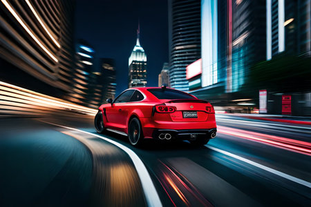 sport car on the road with motion blur background. high speed driving at night. long exposure light trails. urban speed racingの素材