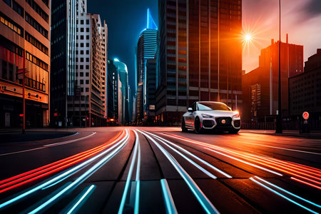 sport car on the road with motion blur background. high speed driving at night. long exposure light trails. urban speed racingの素材