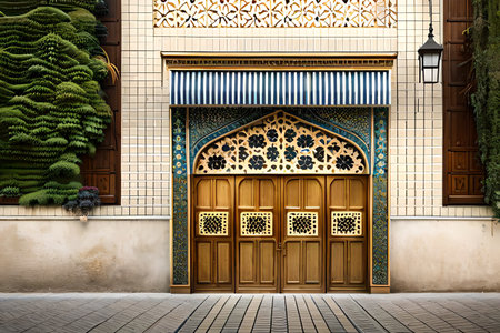 Mosque facade, traditional arabic architecture, typical middle eastern facade building. 2d level design, game design.の素材