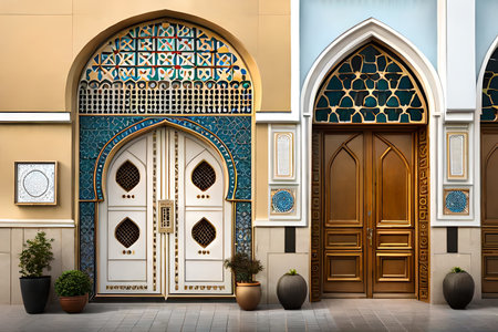 Mosque facade, traditional arabic architecture, typical middle eastern facade building. 2d level design, game design.の素材