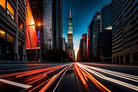 low angle photography, long exposure light trails on the modern building background in city. wet road , fast driving motion blurの素材