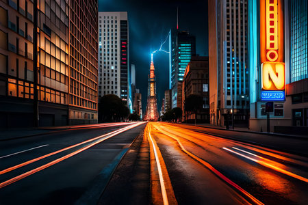 low angle photography, long exposure light trails on the modern building background in city. wet road , fast driving motion blurの素材