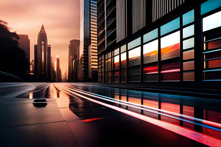 low angle photography, long exposure light trails on the modern building background in city. wet road , fast driving motion blurの素材