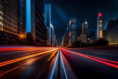 low angle photography, long exposure light trails on the modern building background in city. wet road , fast driving motion blurの素材