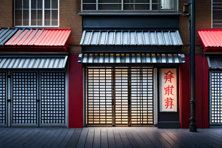 2d game design rendering of a commercial building in the city at night. japanese storefront facade. asian street , showcase lightsの素材