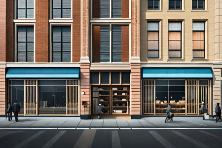 2d game design rendering of a commercial building in the city at night. japanese storefront facade. asian street , showcase lightsの素材