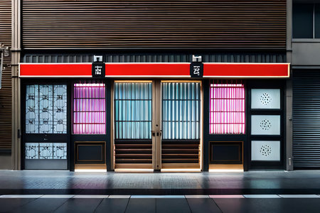 2d game design rendering of a commercial building in the city at night. japanese storefront facade. asian street , showcase lightsの素材
