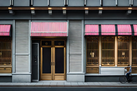 2d game design rendering of a commercial building in the city at night. japanese storefront facade. asian street , showcase lightsの素材