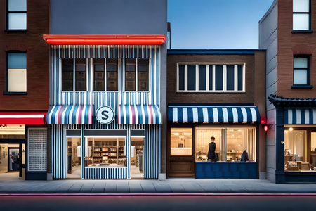 2d game design rendering of a commercial building in the city at night. japanese storefront facade. asian street , showcase lightsの素材