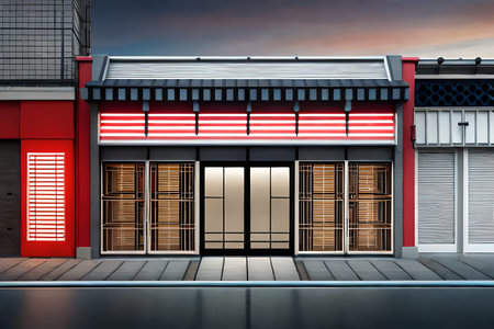 2d game design rendering of a commercial building in the city at night. japanese storefront facade. asian street , showcase lightsの素材