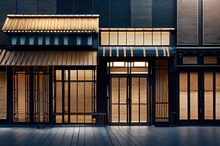 2d game design rendering of a commercial building in the city at night. japanese storefront facade. asian street , showcase lightsの素材