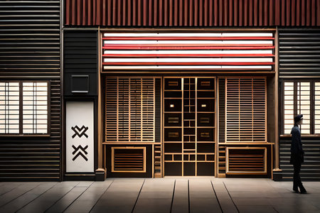 2d game design rendering of a commercial building in the city at night. japanese storefront facade. asian street , showcase lightsの素材