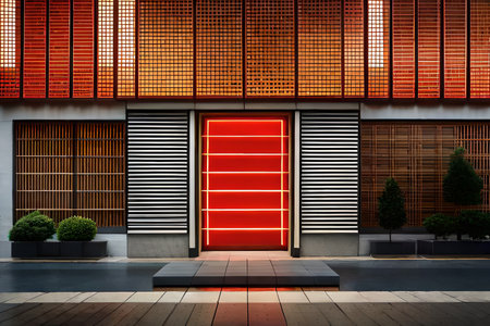 2d game design rendering of a commercial building in the city at night. japanese storefront facade. asian street , showcase lightsの素材