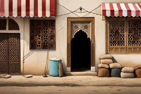 Traditional arabic store facade, wooden door and window with items on the street. middle east old town 2d level design conceptの素材